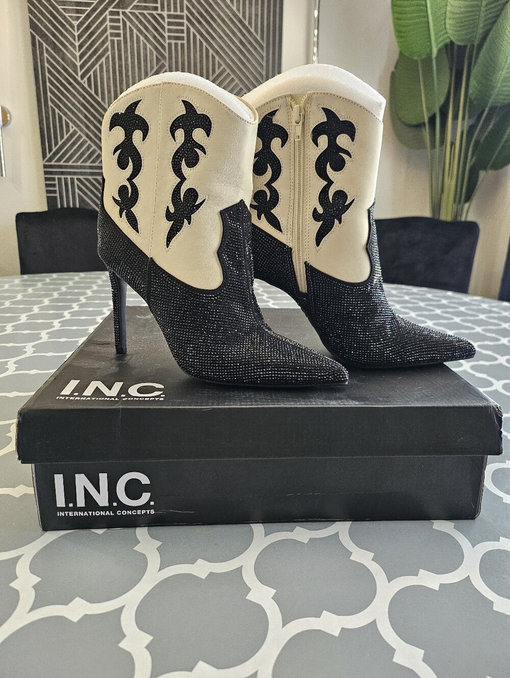 I.N.C. Indigo Embellished Cowboy Booties In Bone w/Black Rhinestones